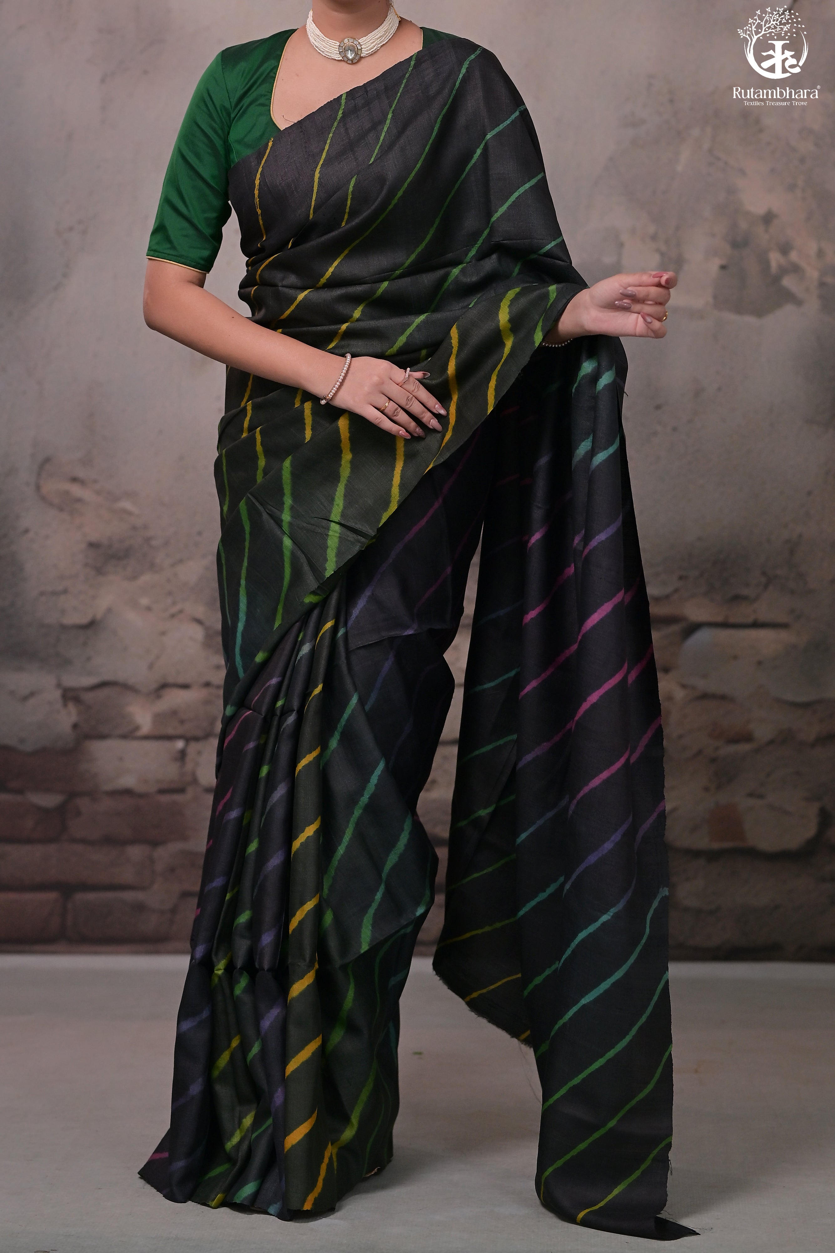 DHANAK - BLACK LEHERIYA SAREE IN TUSSAR SILK