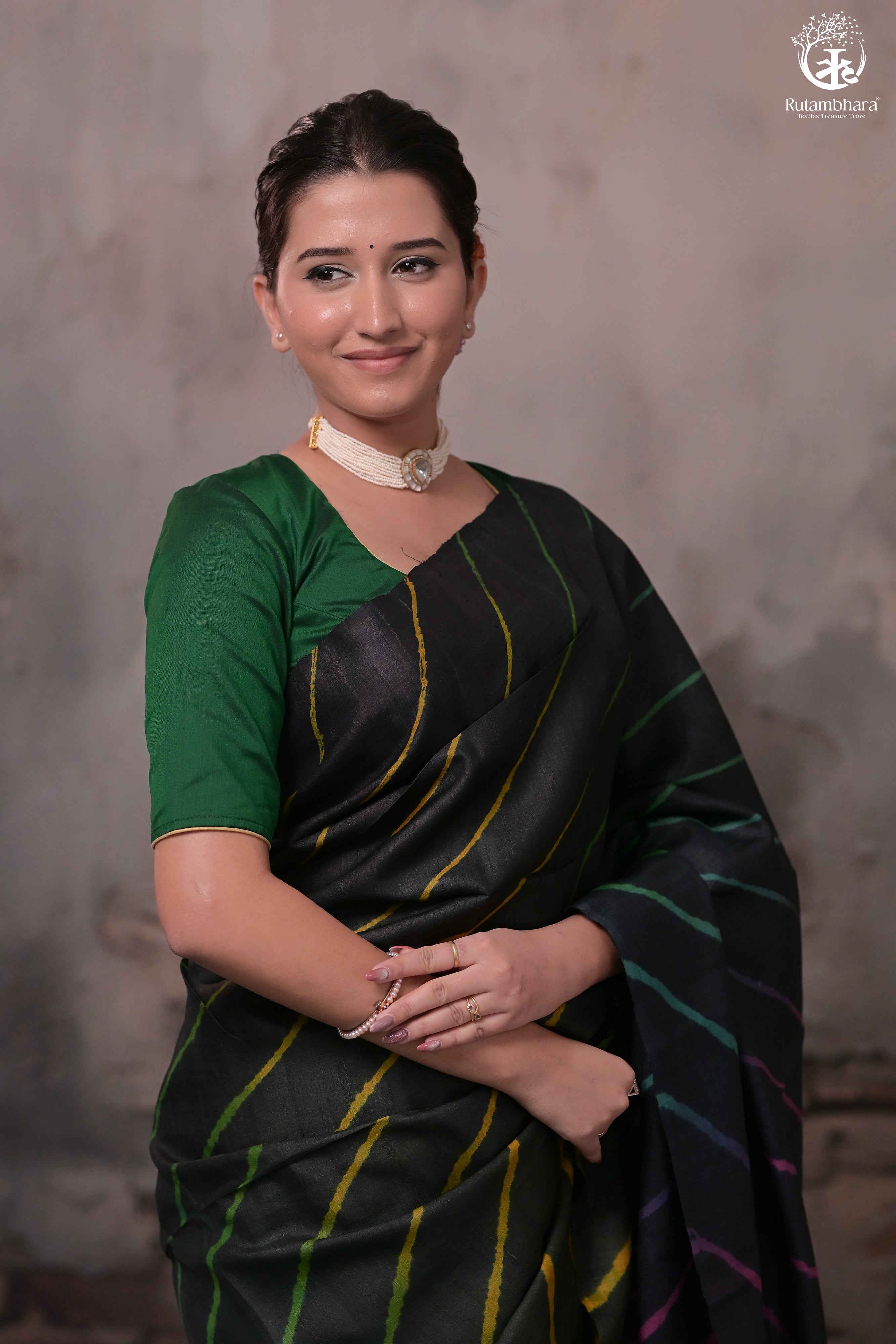 DHANAK - BLACK LEHERIYA SAREE IN TUSSAR SILK