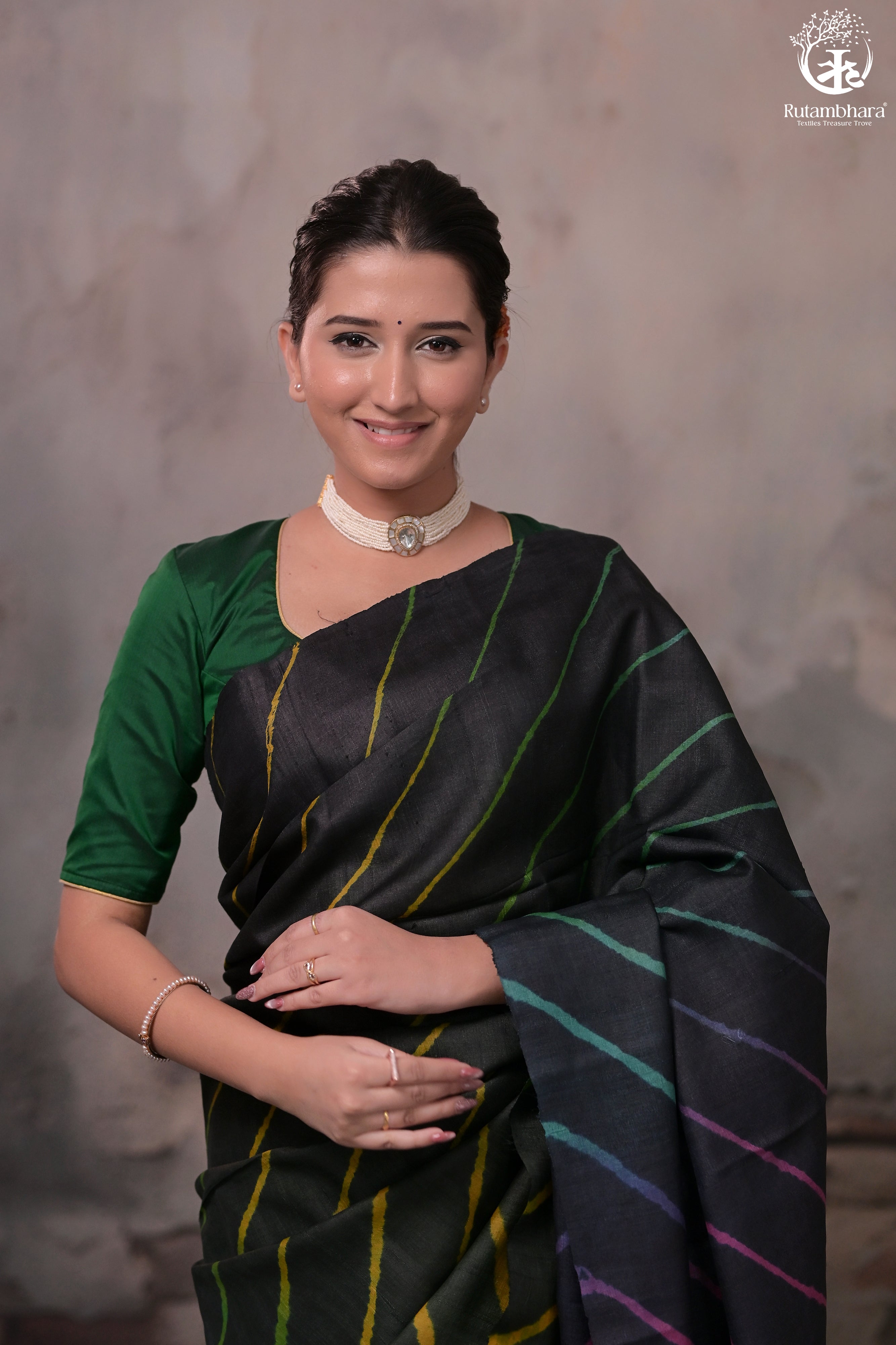 DHANAK - BLACK LEHERIYA SAREE IN TUSSAR SILK