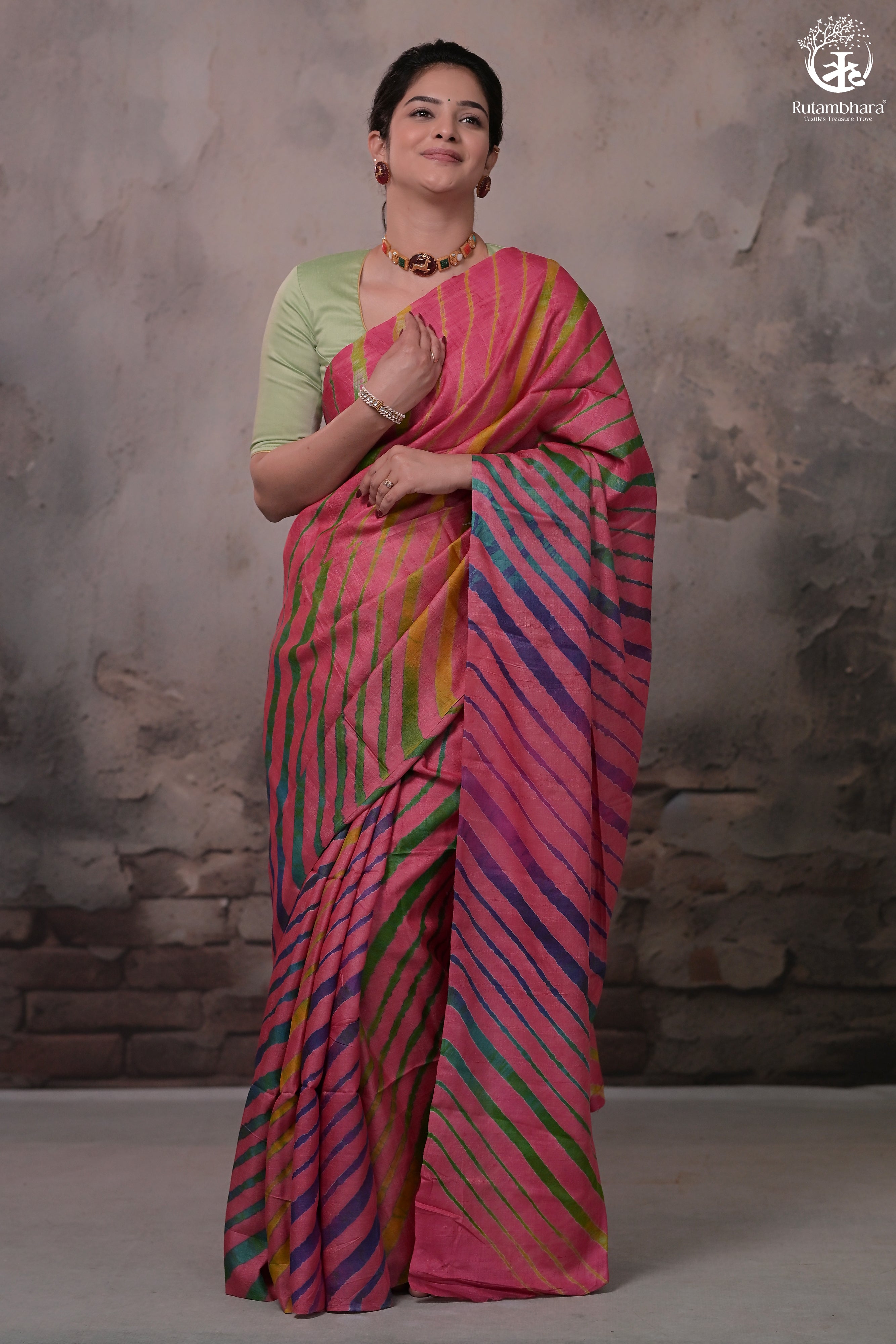 DHANAK - CARROT PINK LEHERIYA SAREE IN TUSSAR SILK
