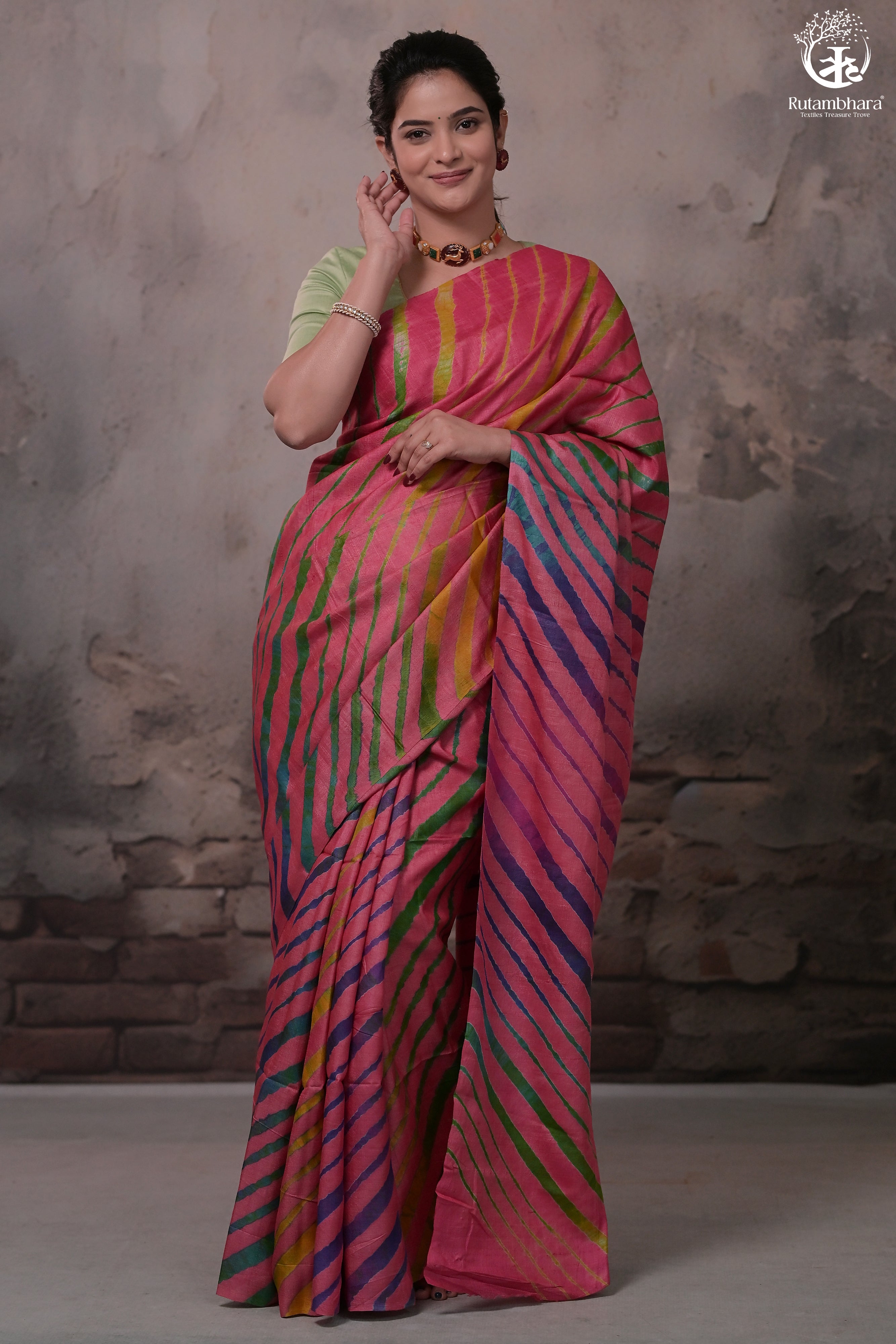DHANAK - CARROT PINK LEHERIYA SAREE IN TUSSAR SILK