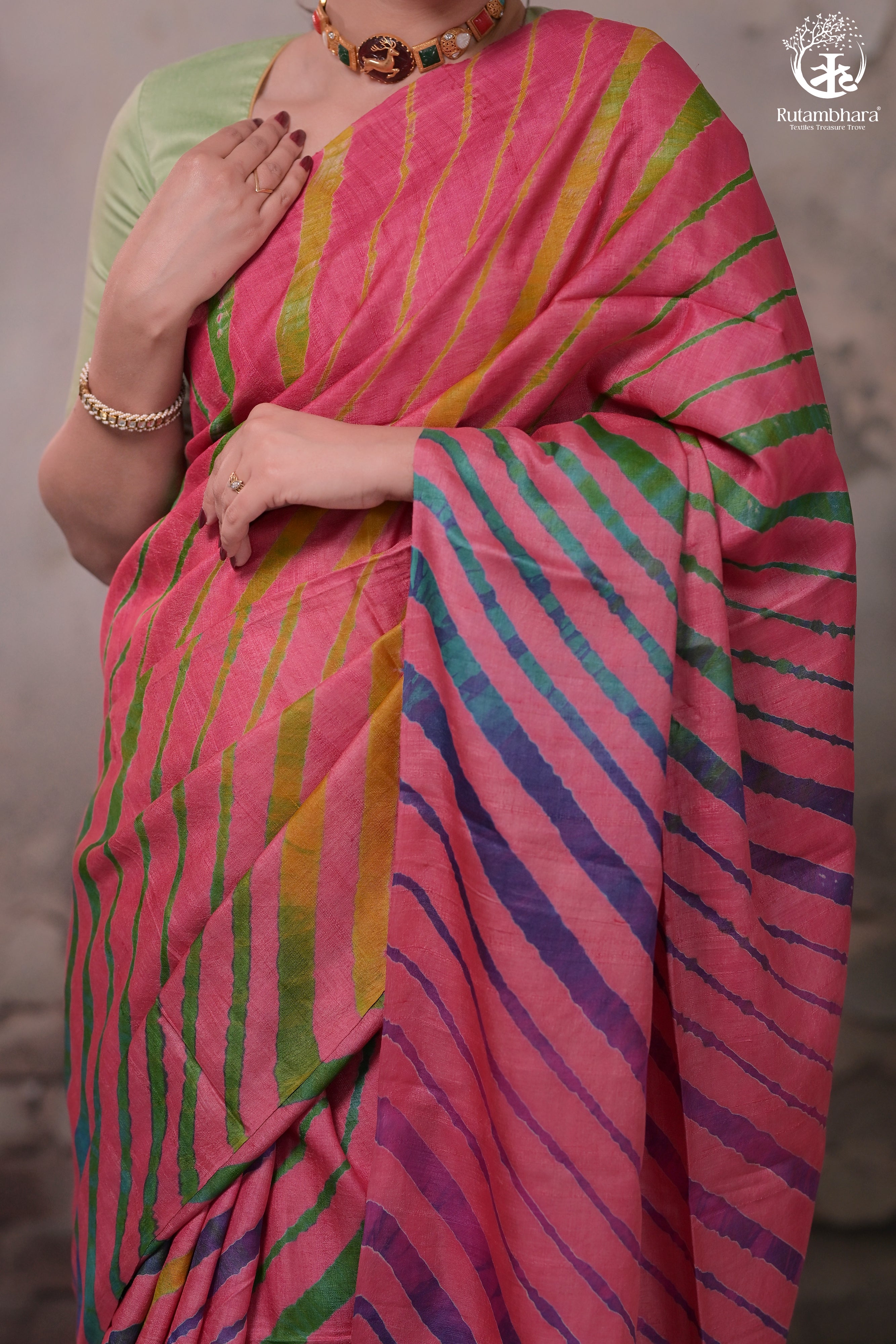 DHANAK - CARROT PINK LEHERIYA SAREE IN TUSSAR SILK