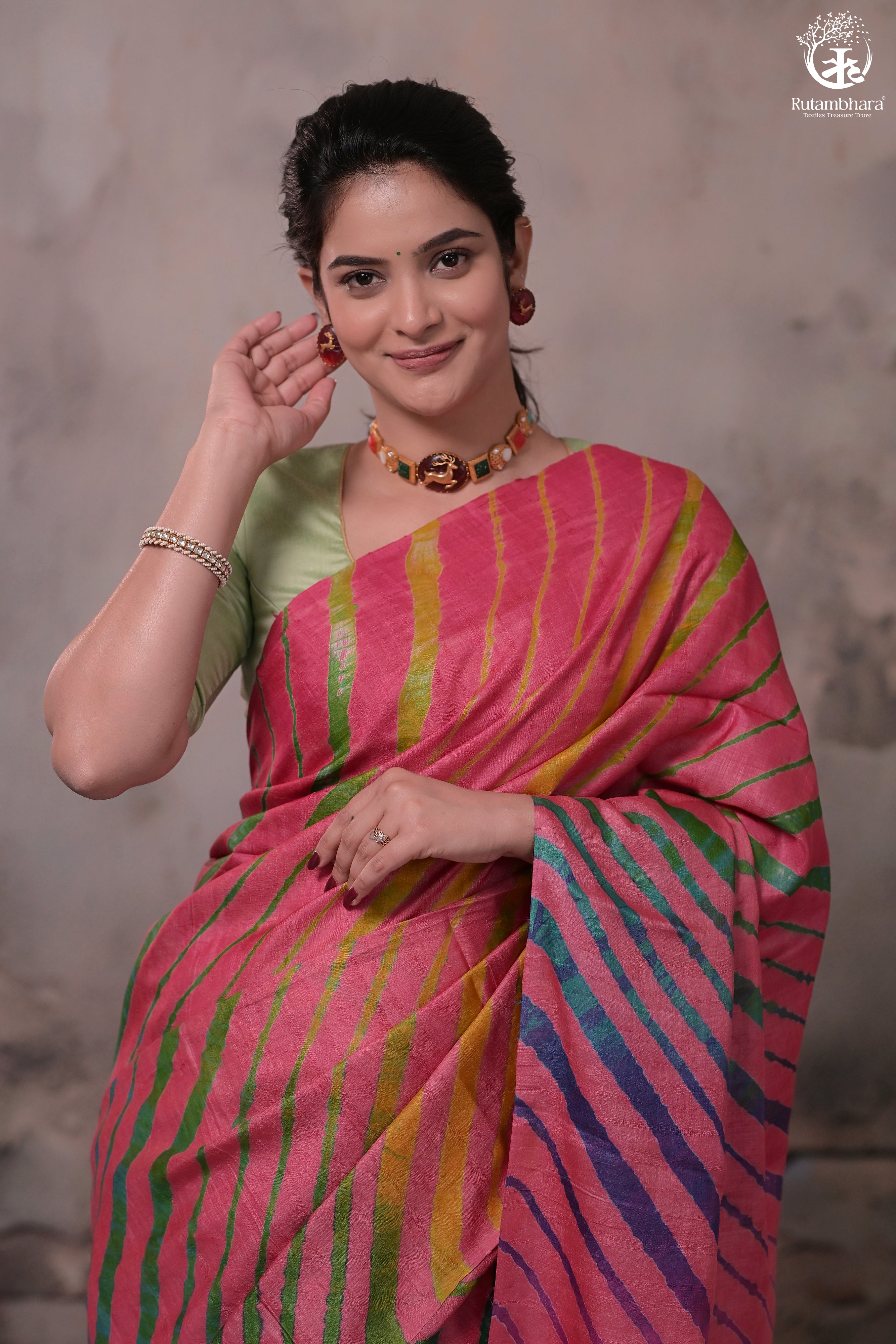 DHANAK - CARROT PINK LEHERIYA SAREE IN TUSSAR SILK