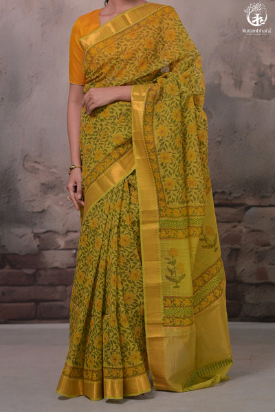 Siyahi - Green Handwoven Hand Block Printed Gold Zari Border Cotton Saree-Rutambhara-RUTAMBHARA