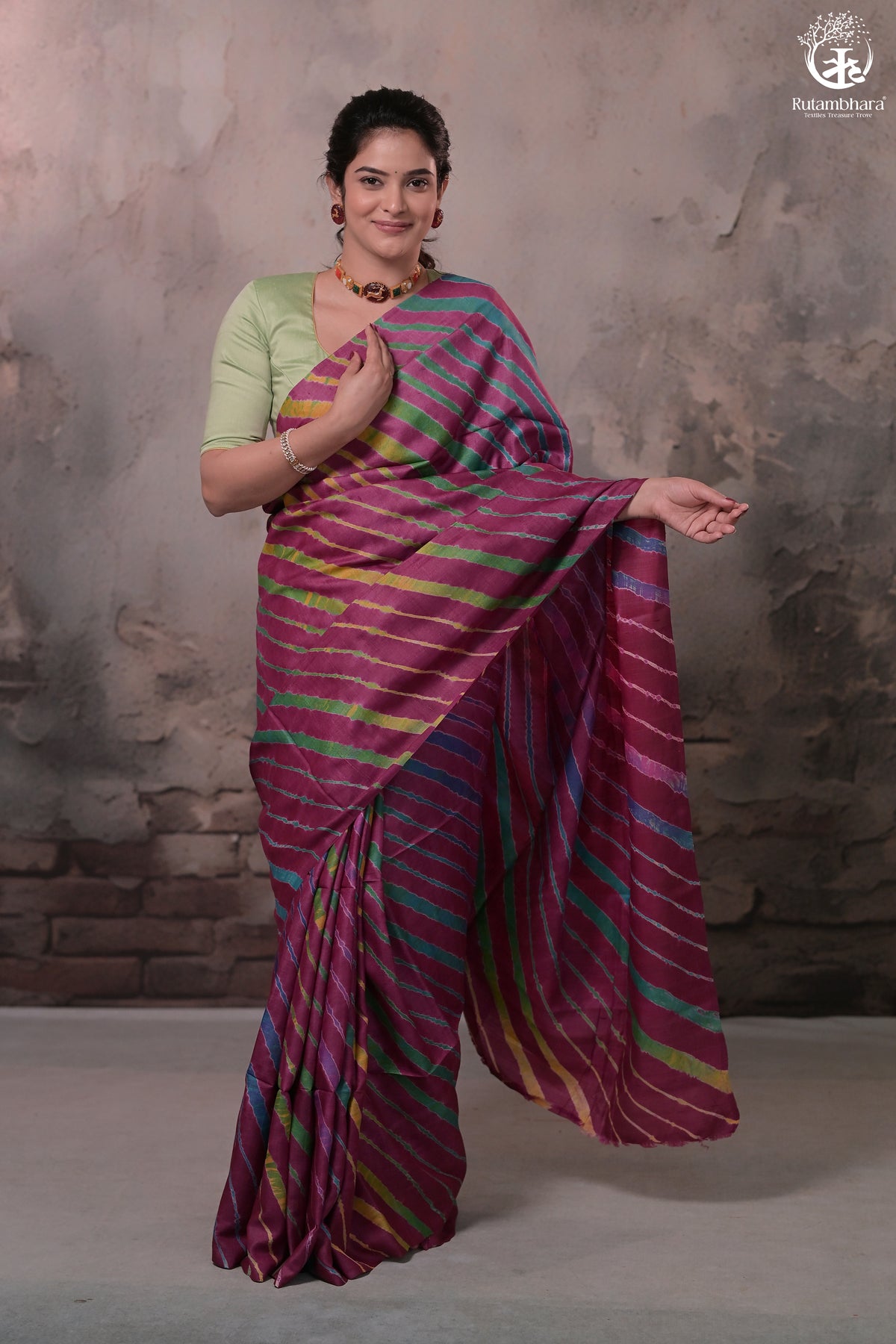 Dhanak - Wine Leheriya Saree In Tussar Silk