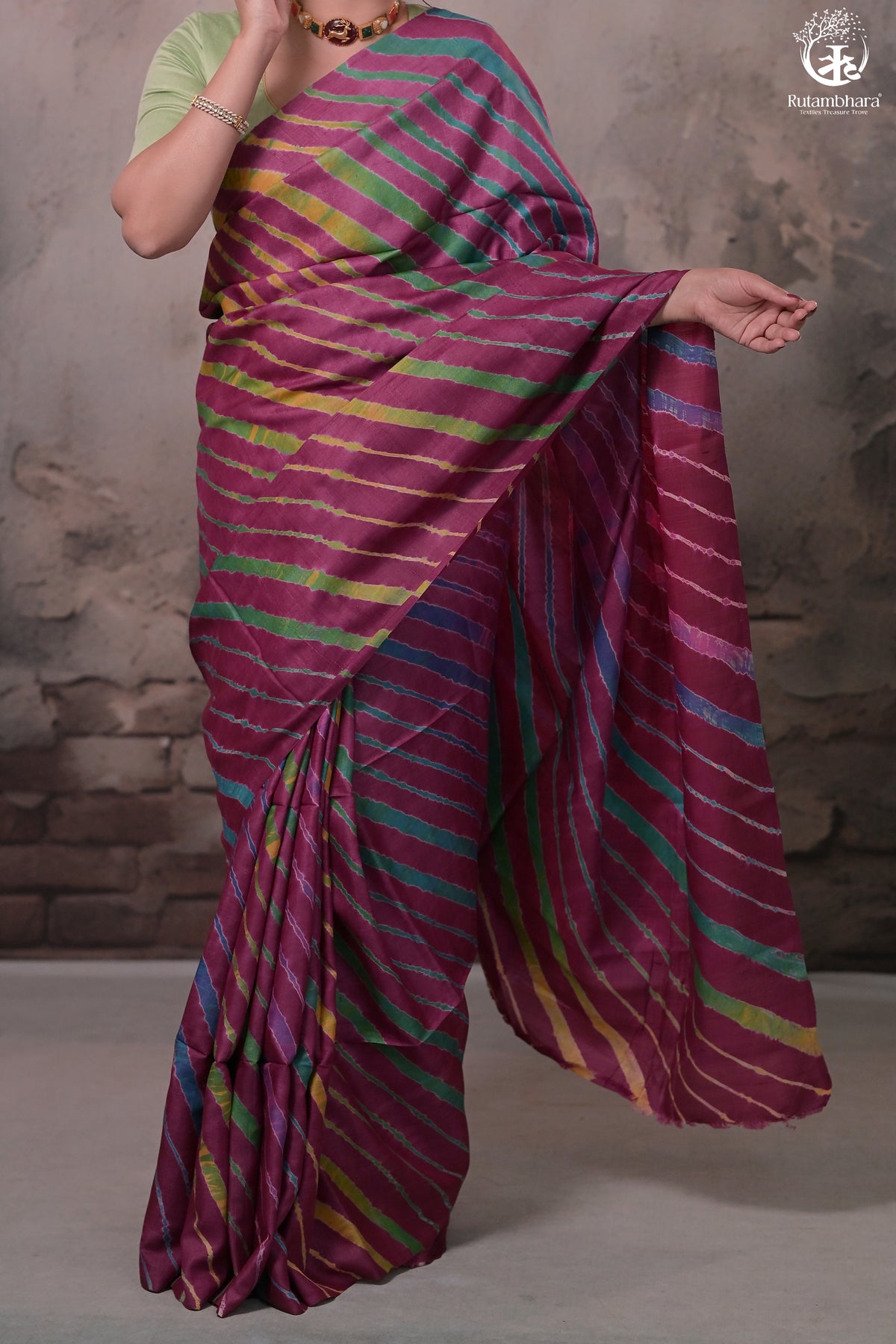 Dhanak - Wine Leheriya Saree In Tussar Silk