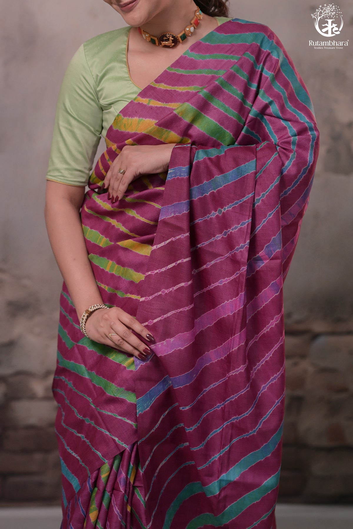 Dhanak - Wine Leheriya Saree In Tussar Silk