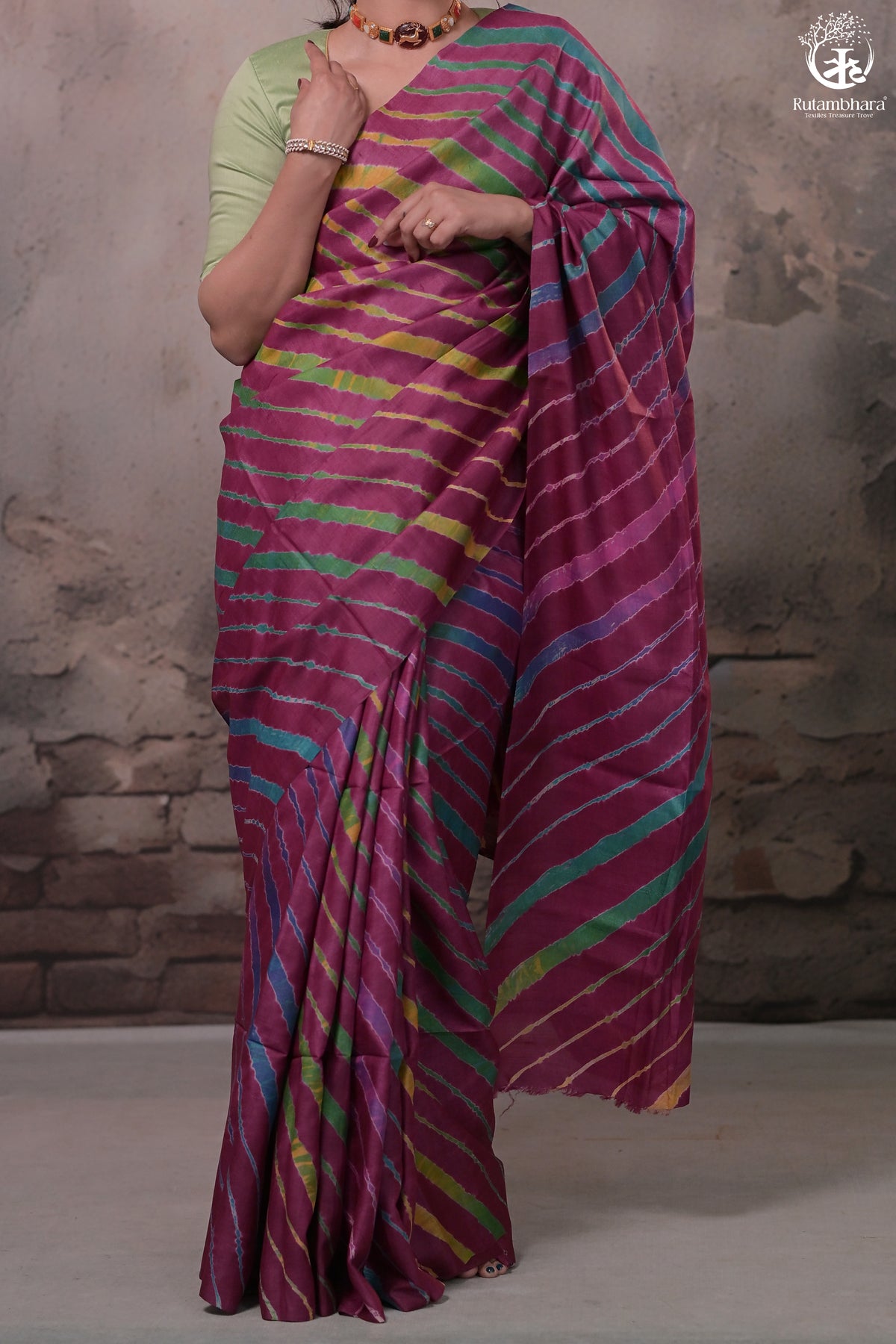Dhanak - Wine Leheriya Saree In Tussar Silk