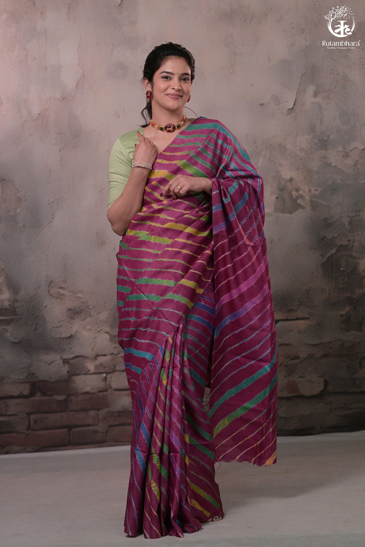 Dhanak - Wine Leheriya Saree In Tussar Silk