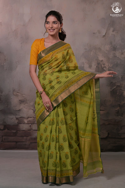 Siyahi - Parrot Green Handwoven Hand Block Printed Gold Zari Border Cotton Saree-Rutambhara-RUTAMBHARA