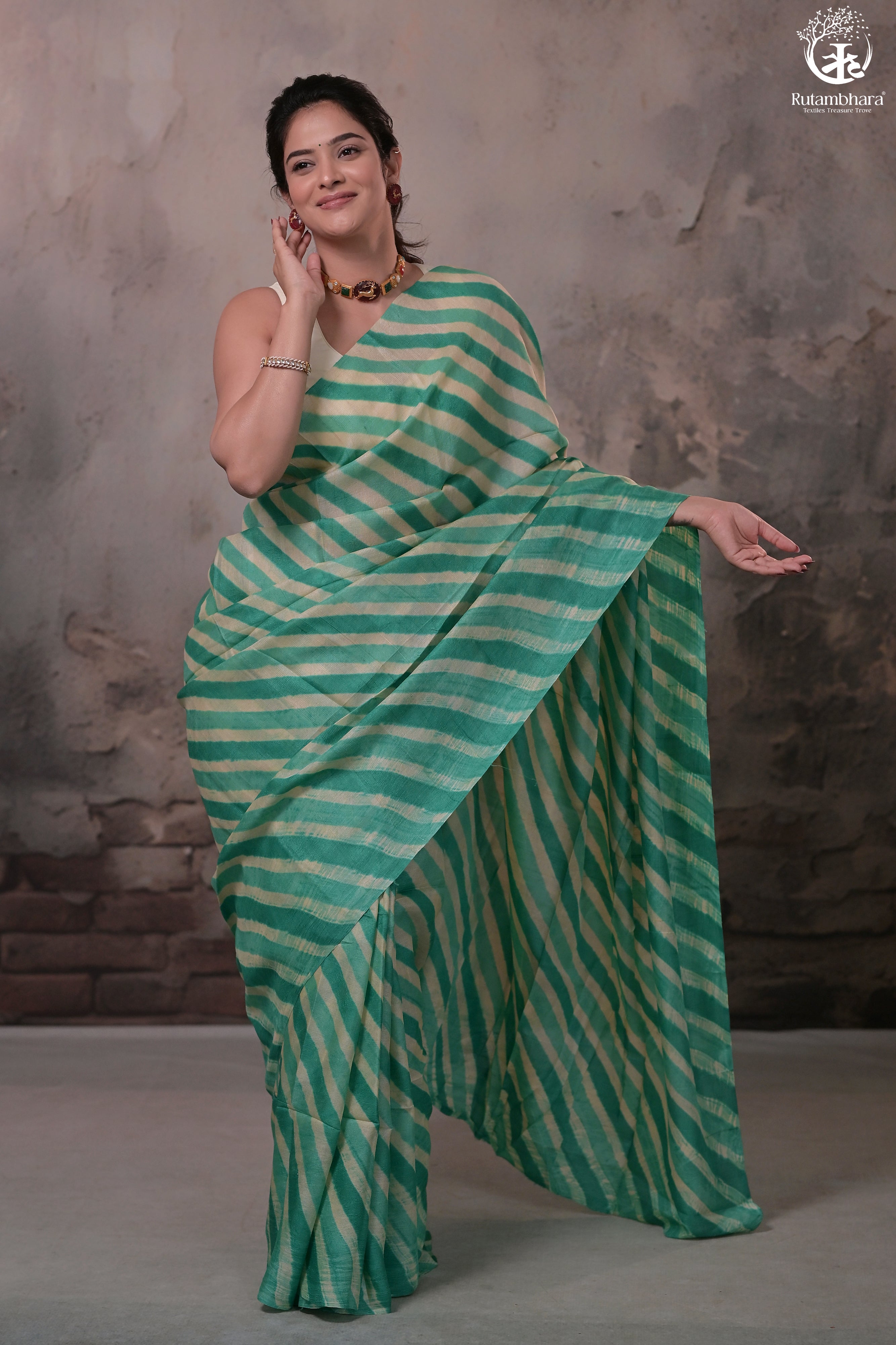 DHANAK - JADE GREEN N OFF WHITE LEHERIYA SAREE IN TUSSAR SILK
