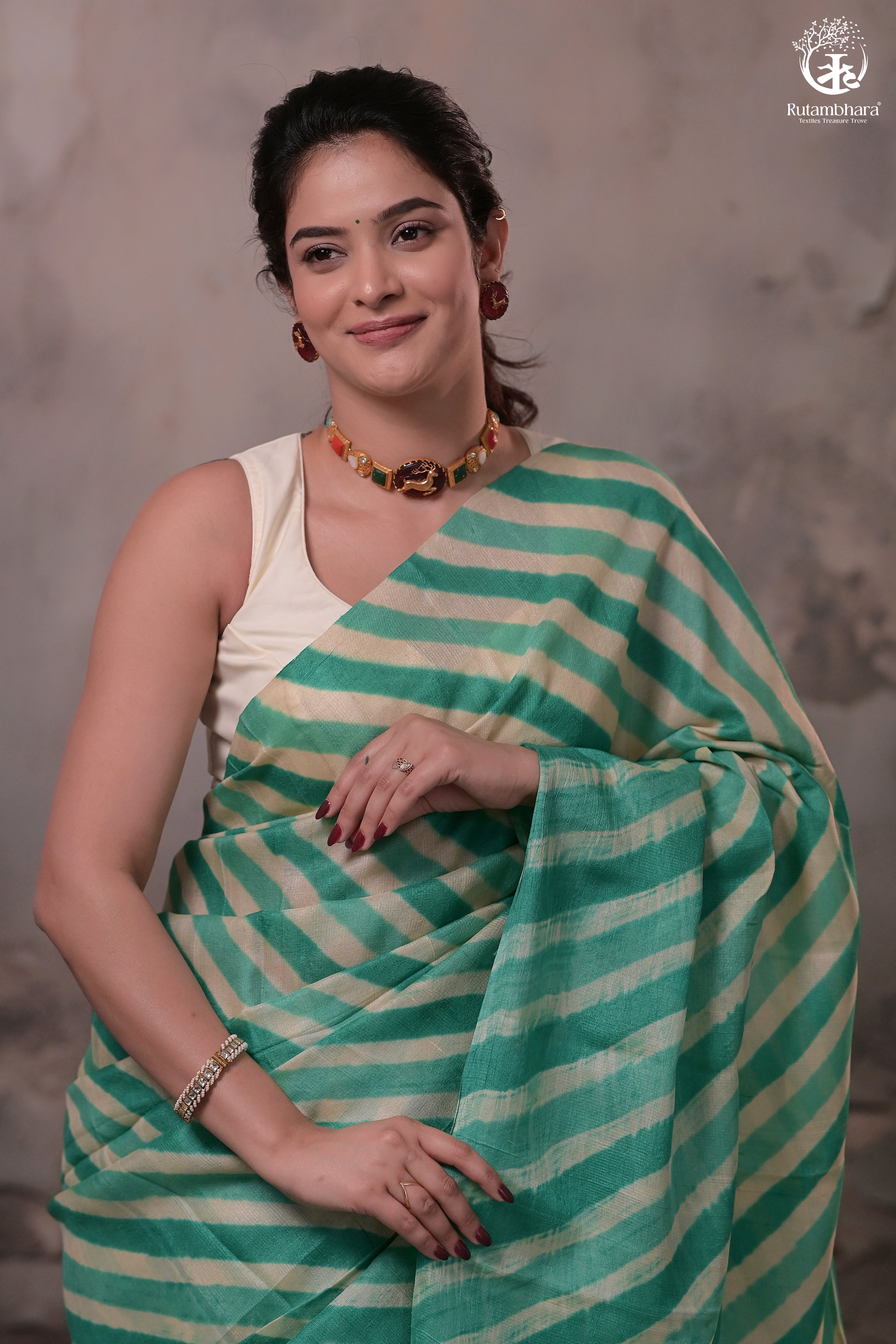 DHANAK - JADE GREEN N OFF WHITE LEHERIYA SAREE IN TUSSAR SILK