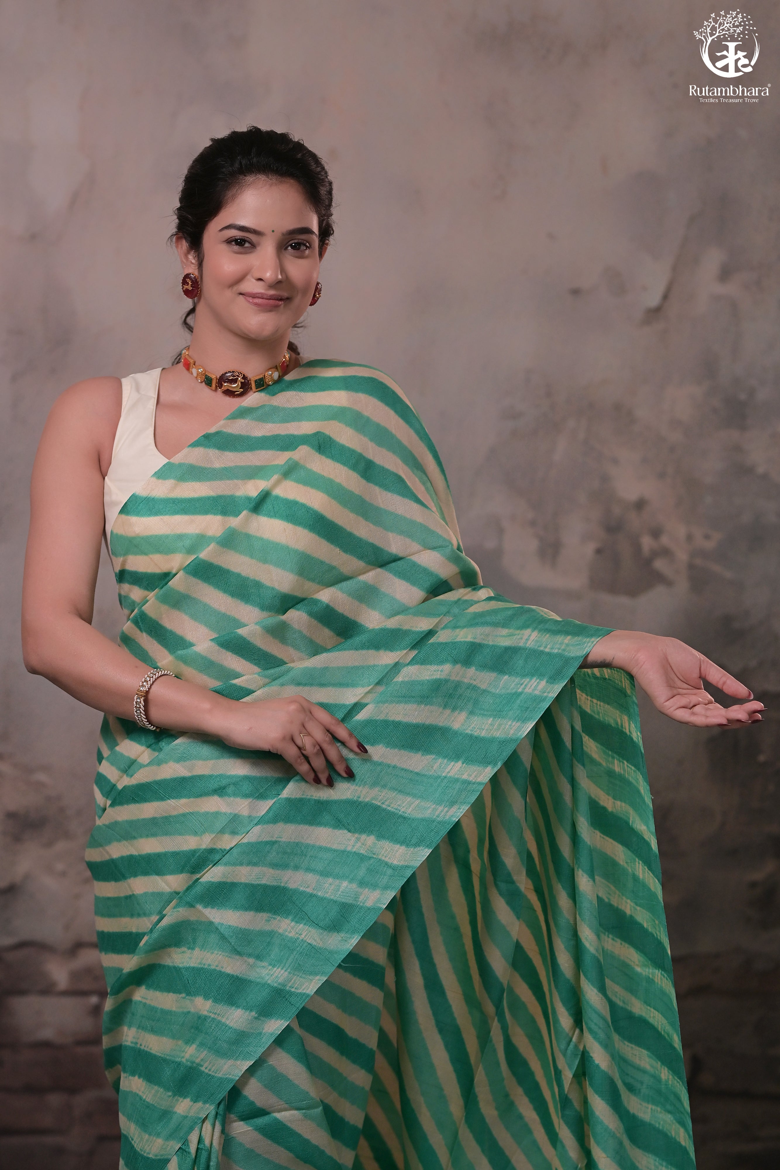 DHANAK - JADE GREEN N OFF WHITE LEHERIYA SAREE IN TUSSAR SILK