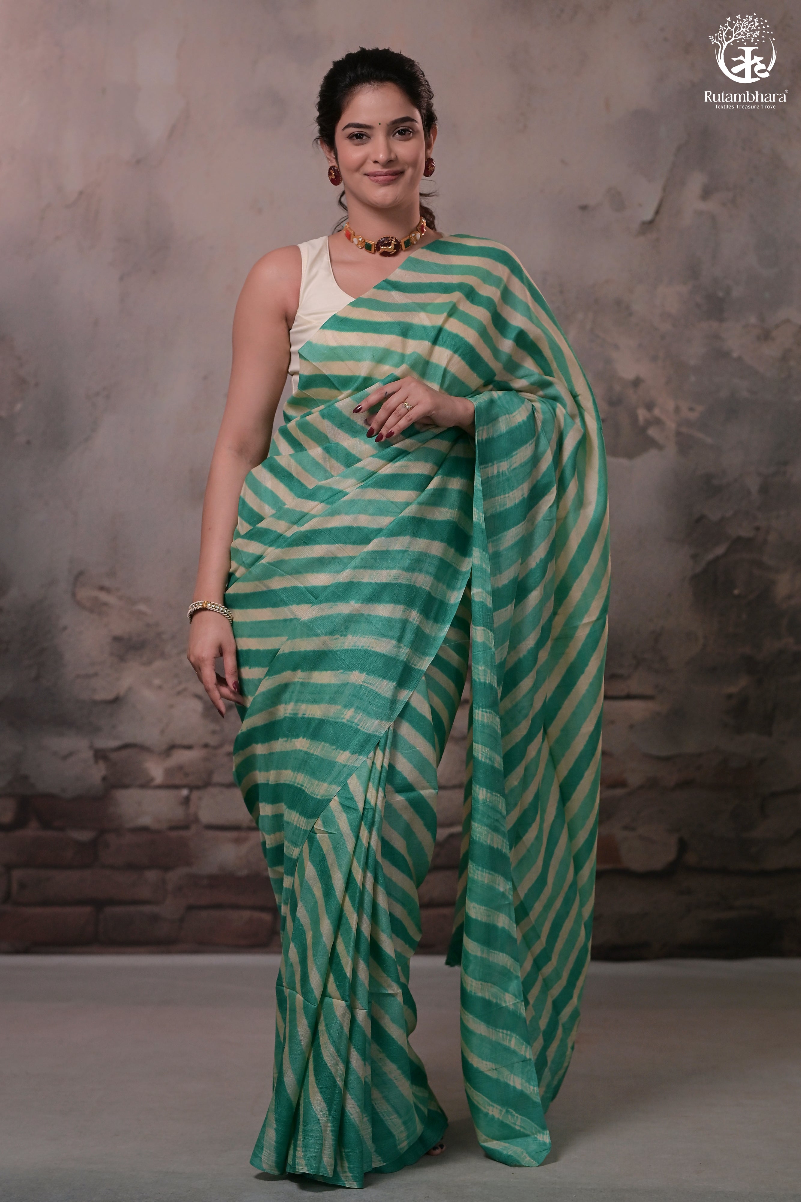 DHANAK - JADE GREEN N OFF WHITE LEHERIYA SAREE IN TUSSAR SILK