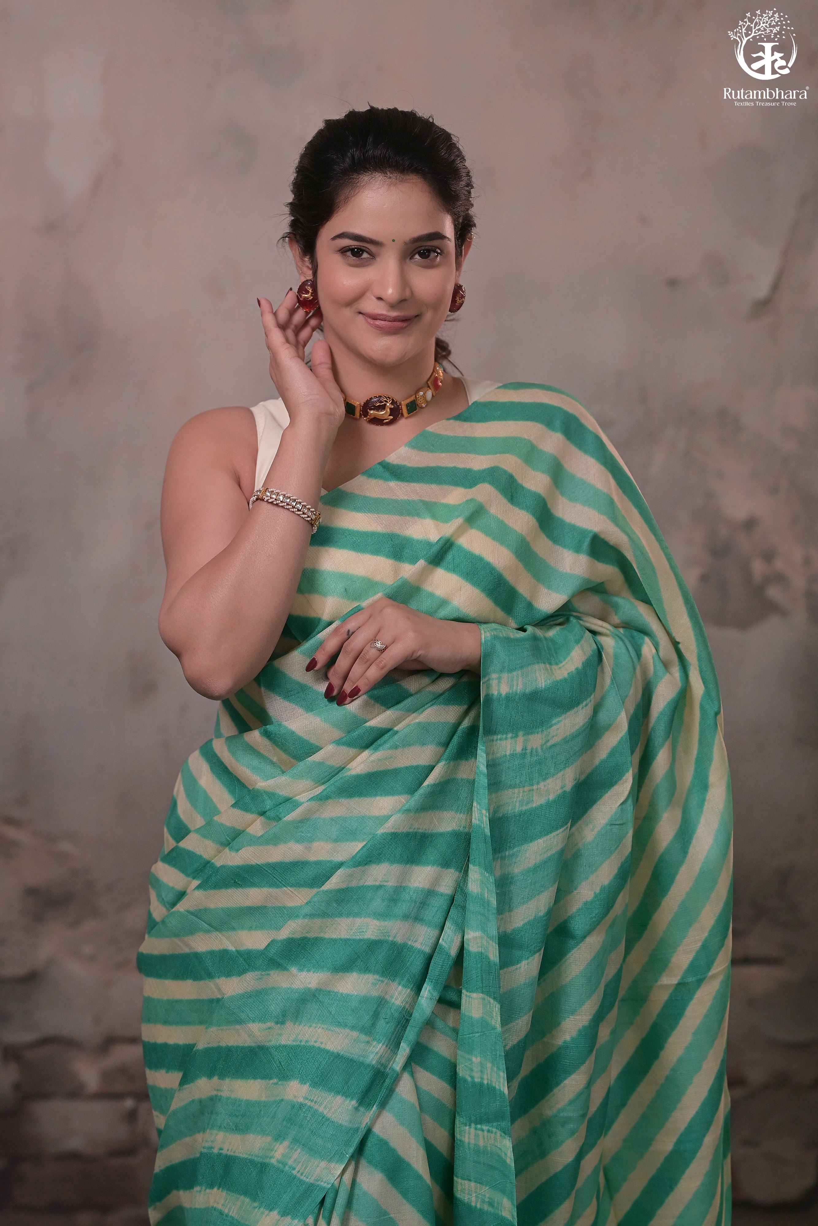 DHANAK - JADE GREEN N OFF WHITE LEHERIYA SAREE IN TUSSAR SILK