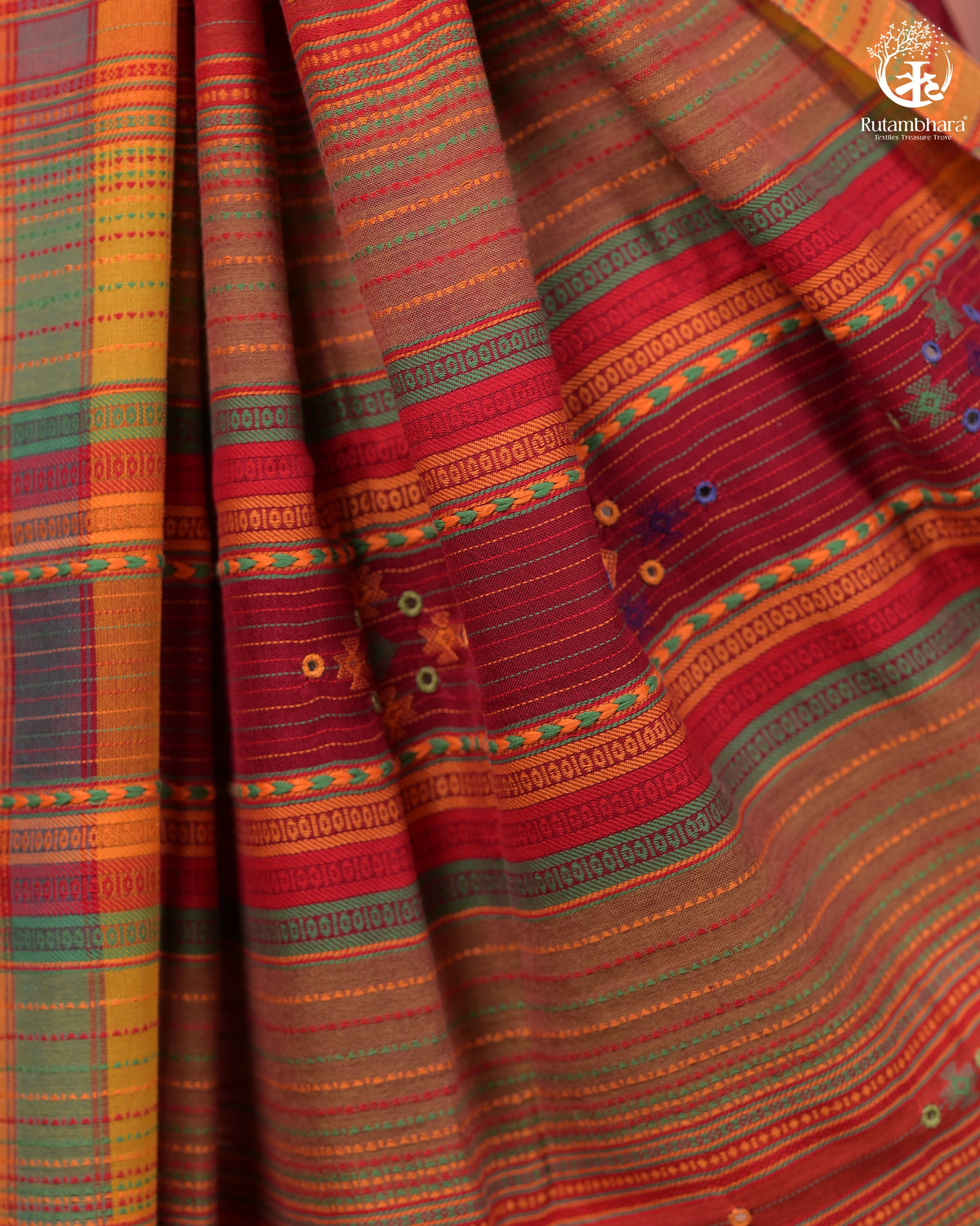 JESAAL - Handwoven Kutchi Weave Cotton Saree in Rust Red with Multicolour Pallu