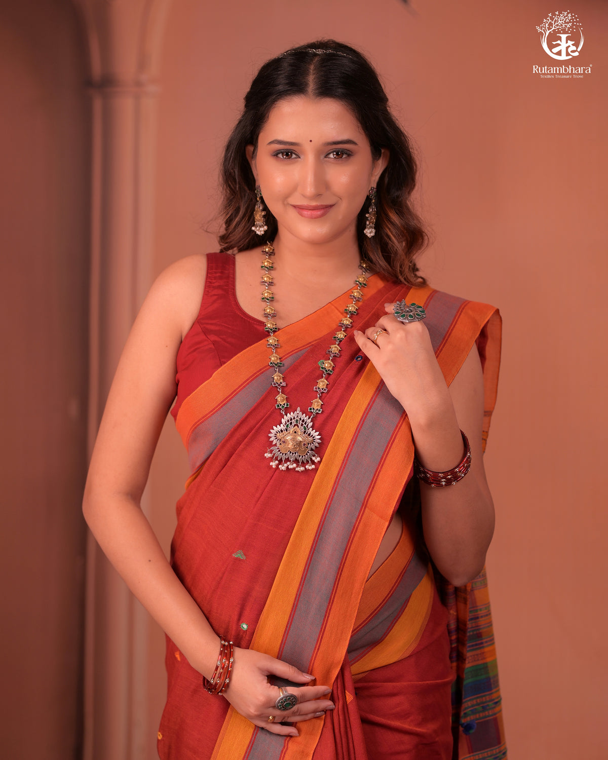 JESAAL - Classic Rust Kutchhi Cotton Saree with Multicolor Pallu