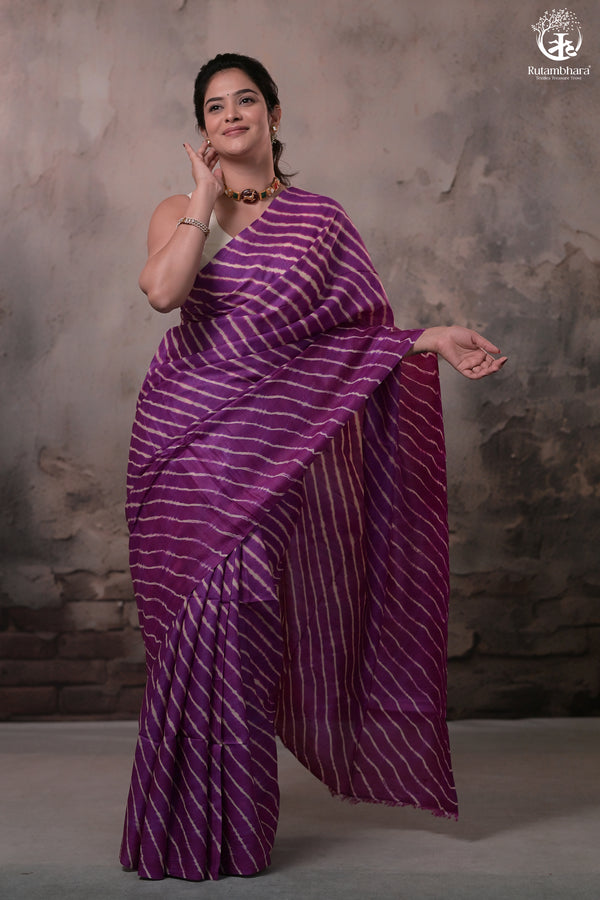 Dhanak - Magenta Leheriya Saree In Tussar Silk-Rutambhara-RUTAMBHARA