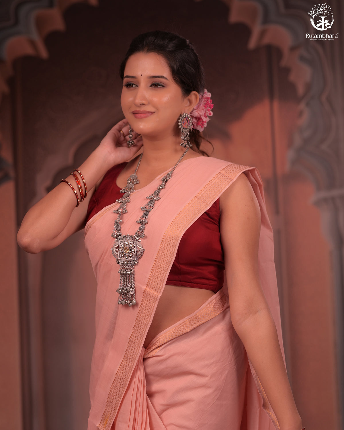 BHADRA - Elegant Blush Pink Pure Cotton Saree with Gold Border and Kalamkari Blouse