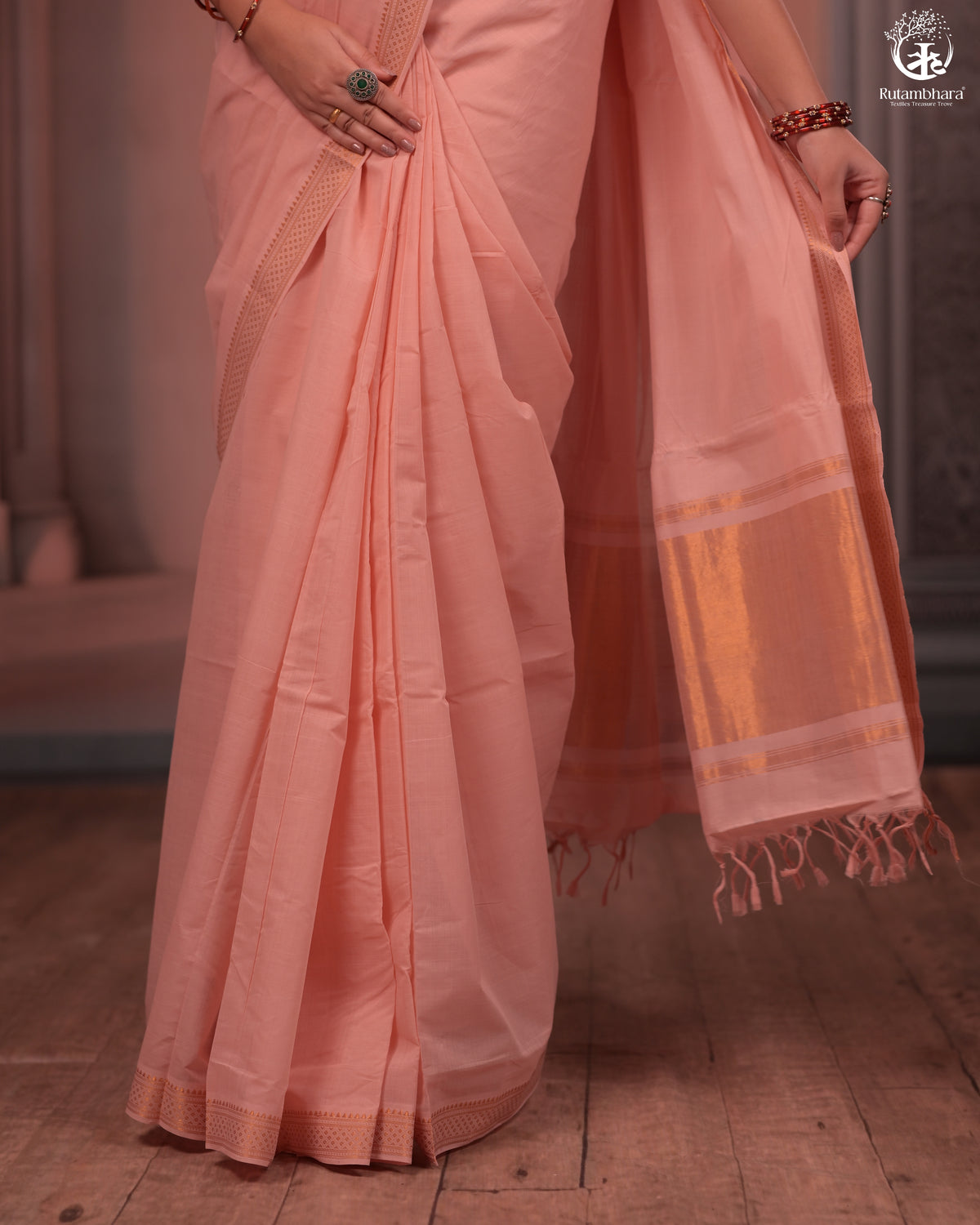 BHADRA - Elegant Blush Pink Pure Cotton Saree with Gold Border and Kalamkari Blouse