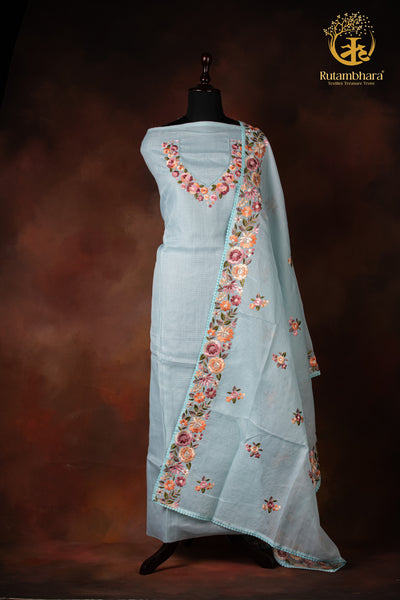 Pastel Blue Kota Cotton Embroidered Suit Set
