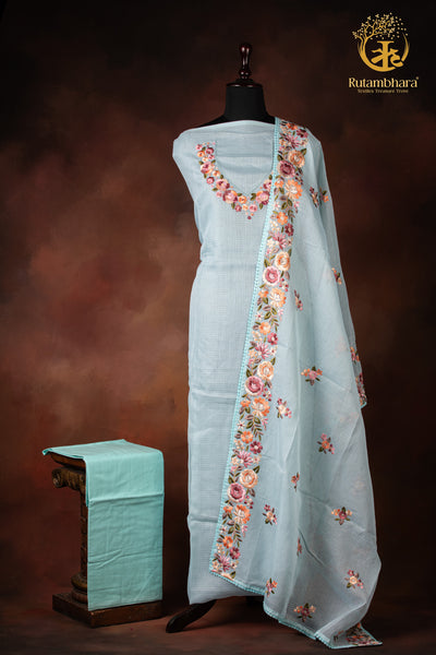 Pastel Blue Kota Cotton Embroidered Suit Set