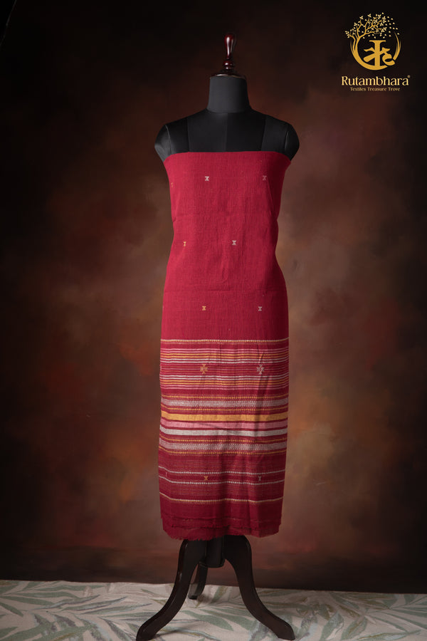 Jesaal - Handwoven Cheery Maroon Kala Cotton Kurta Fabric With Contrast Woven Stripe Panel