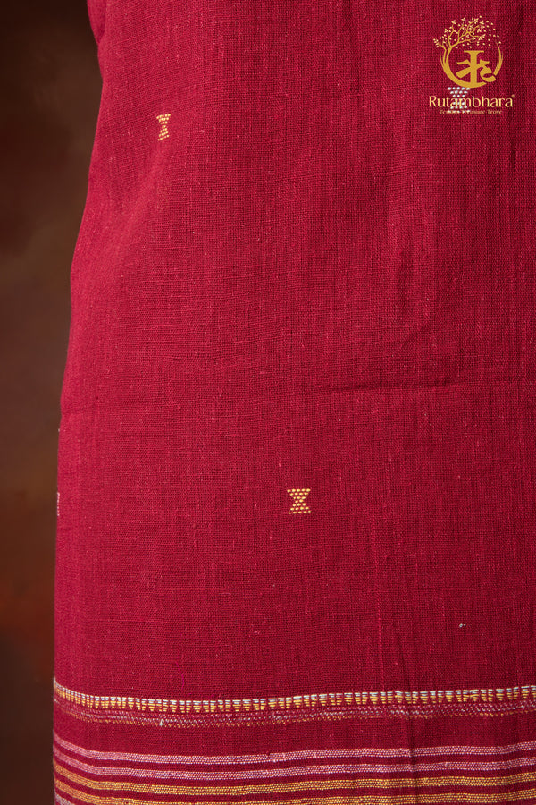 Jesaal - Handwoven Cheery Maroon Kala Cotton Kurta Fabric With Contrast Woven Stripe Panel