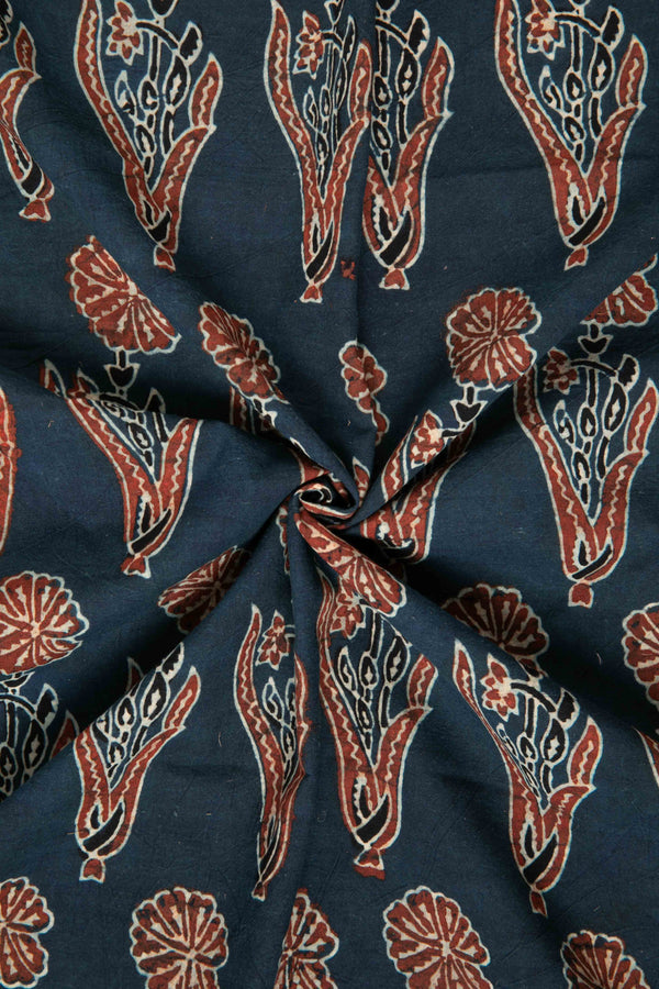 Ushraa - Indigo & Rusted Floral Ajrak Fabric-Rutambhara-RUTAMBHARA