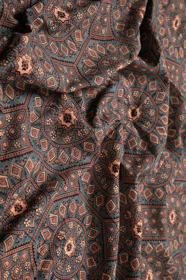 Ushraa - Ajrakh Cotton Fabric With Mandala Print-Rutambhara-RUTAMBHARA
