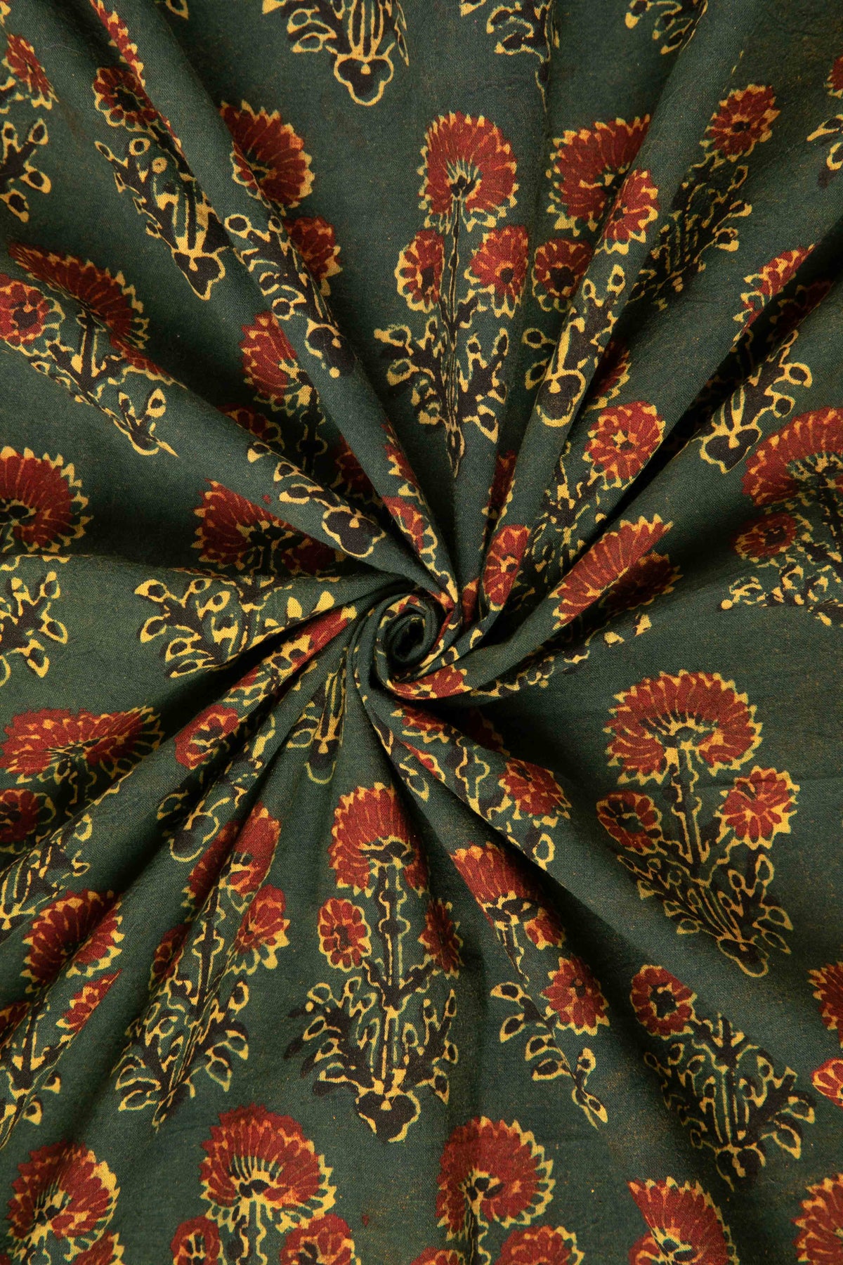 Ushraa - Moss And Marigold Motif Ajrakh Cotton Fabric