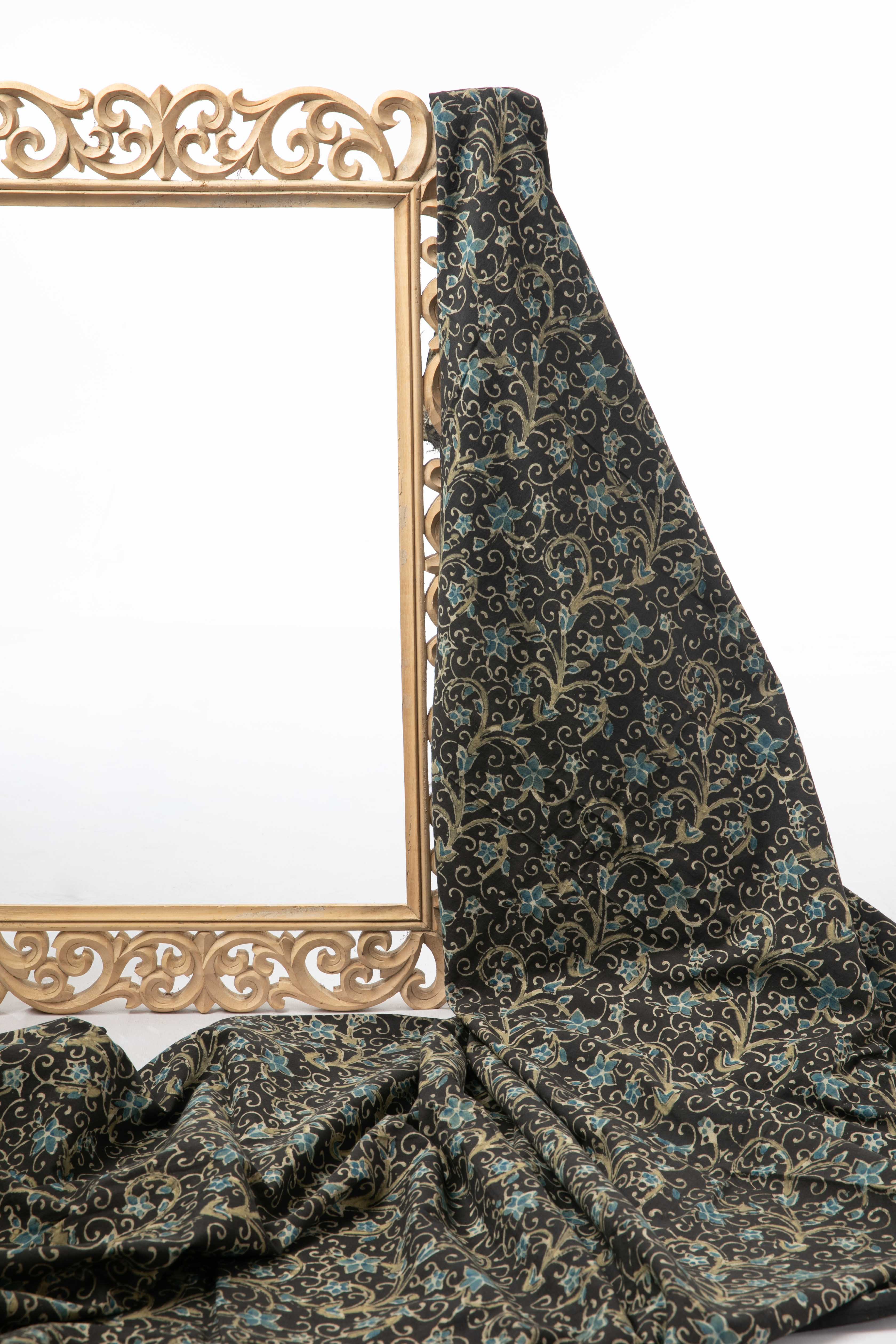 SIYAHI - BLACK AJRAKH FABRIC WITH BLUE FLORAL DESIGN