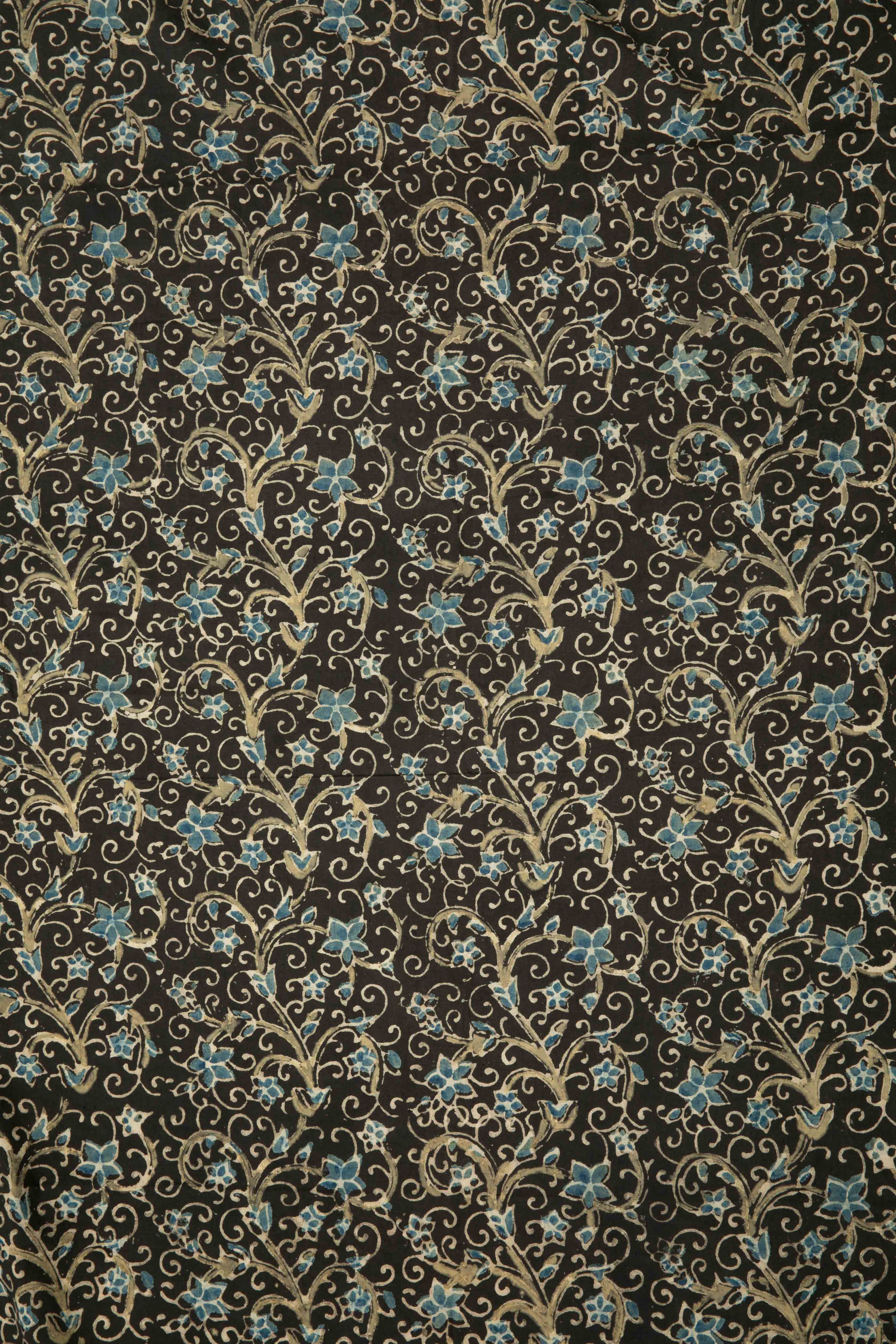SIYAHI - BLACK AJRAKH FABRIC WITH BLUE FLORAL DESIGN
