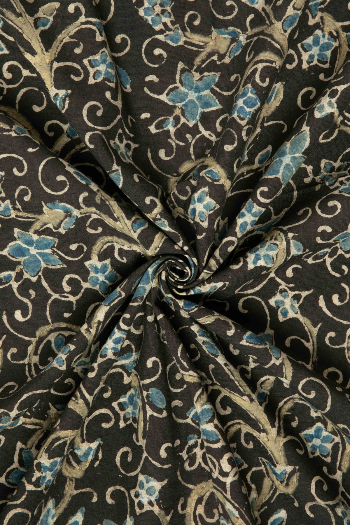 Ushraa - Black Ajrakh Fabric With Blue Floral Design