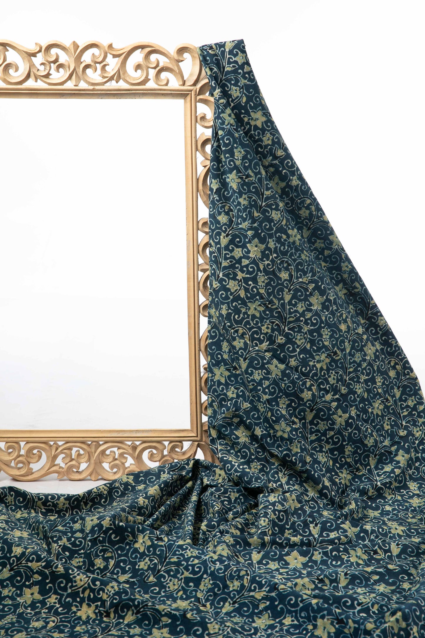 Siyahi - Indigo Ajrakh Fabric With Yellow Floral Design