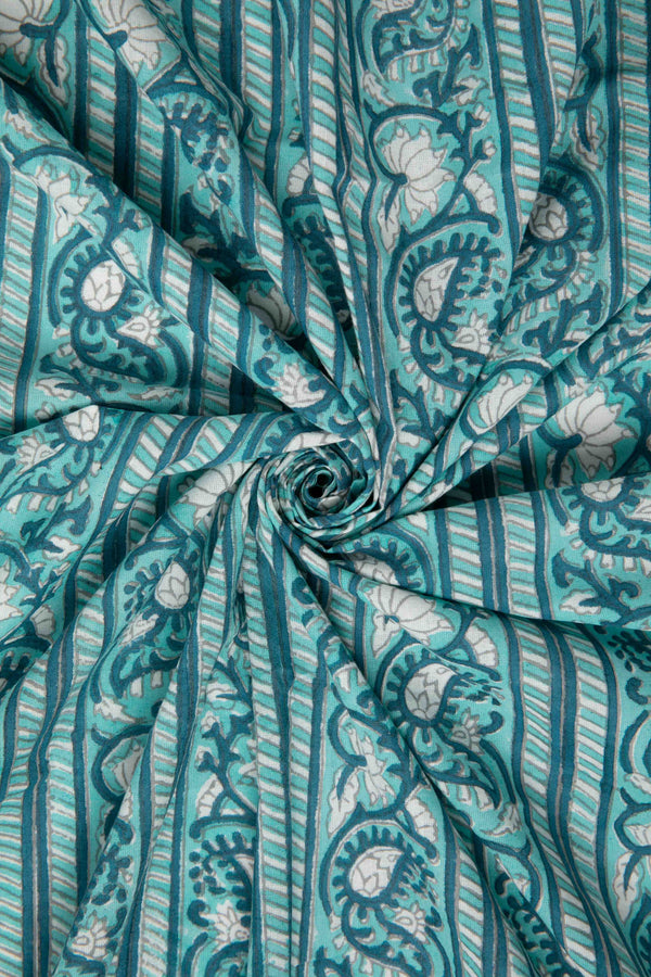 Siyahi - Teal Harmony – Sanganeri Block Print Fabric-Rutambhara-RUTAMBHARA