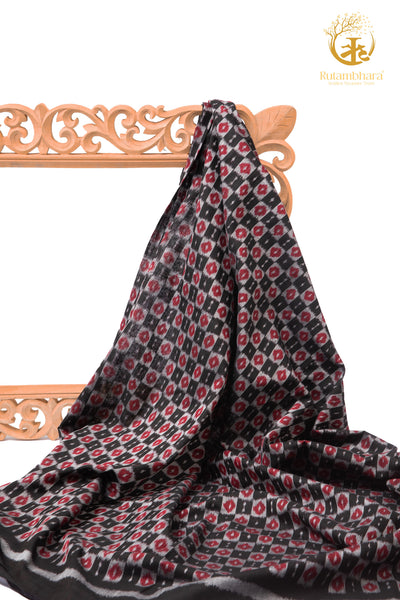 Krasha - Charcoal Black and Deep Red and Ivory Handwoven Ikat Fabric