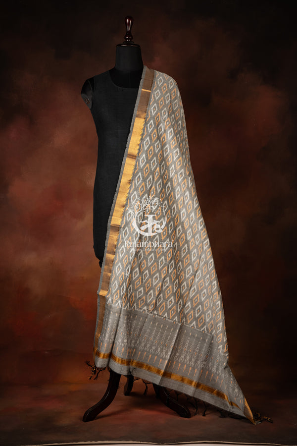 Bhadra - Silver Ash Grey Ikat Silk Cotton Dupatta