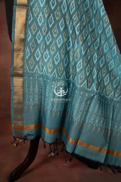 Bhadra - Misty Teal Blue Ikat Silk Cotton Dupatta
