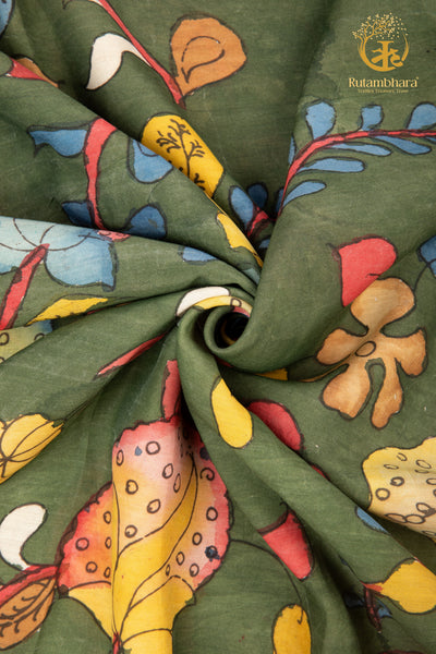 Nzurii | Forest Olive and Powder Blue – Srikalahasti Kalamkari Cotton Fabric
