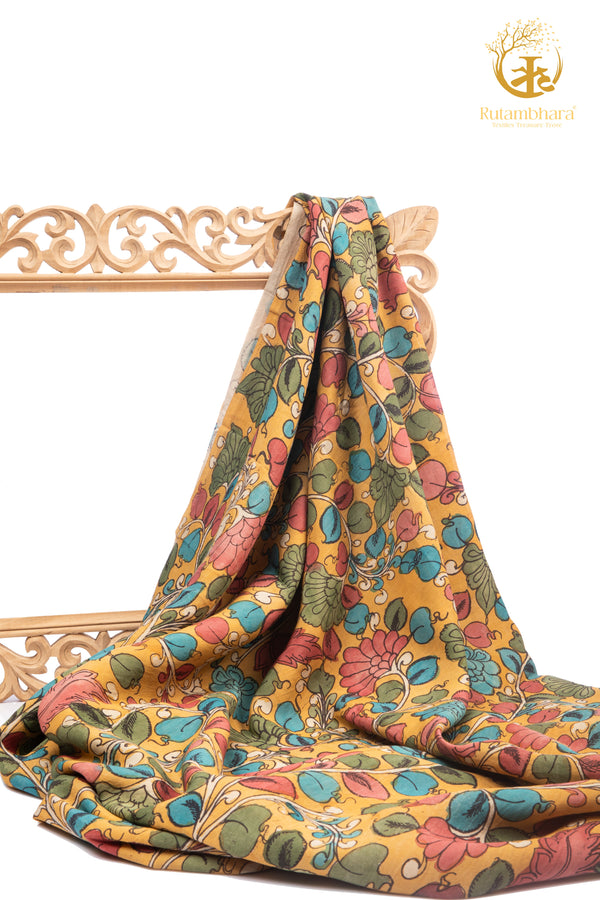 Nzurii | Marigold Yellow and Turquoise Bloom – Srikalahasti Kalamkari Cotton Fabric