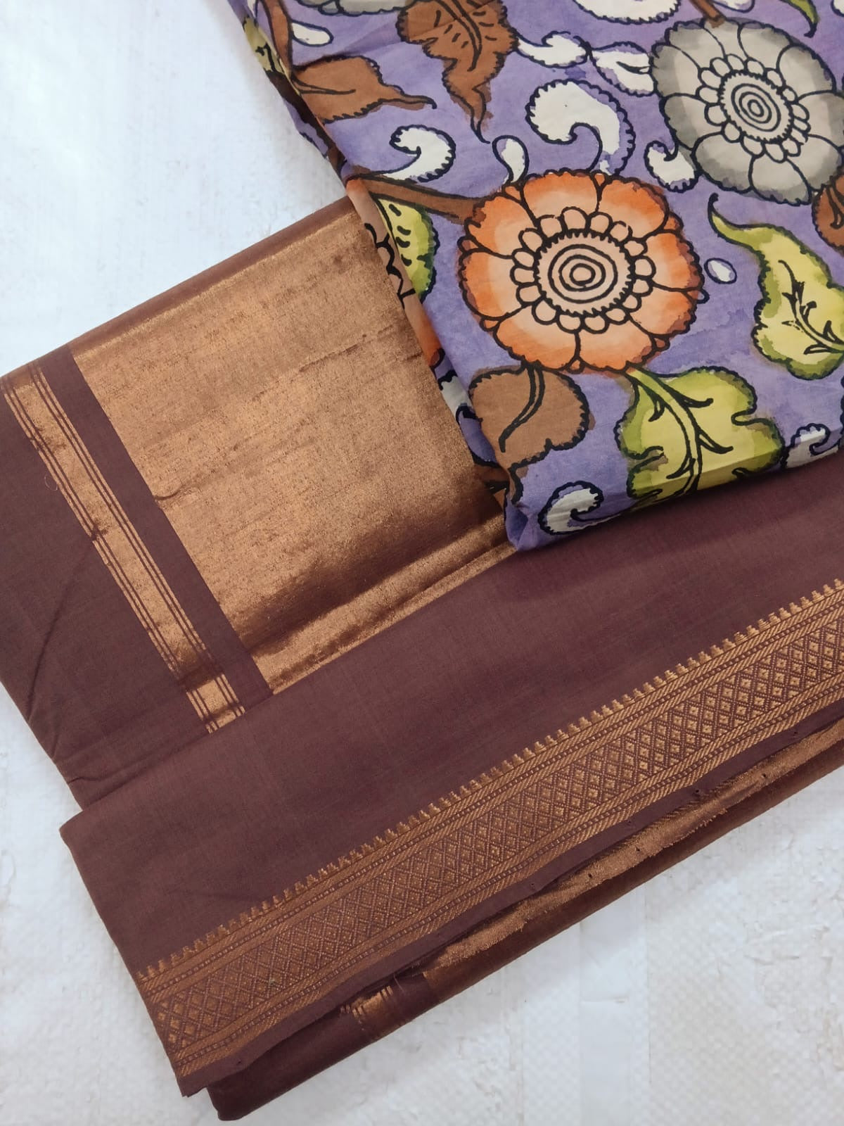 BHADRA - Artisanal Rose Gold Pure Cotton Saree with Gold Border and Kalamkari Blouse