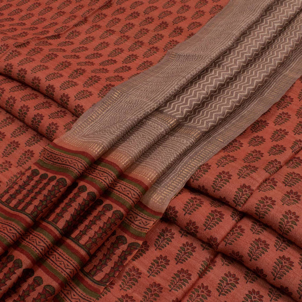 Hand Block Printed Tussar Silk Salwar Suit Material-Rutambhara-RUTAMBHARA