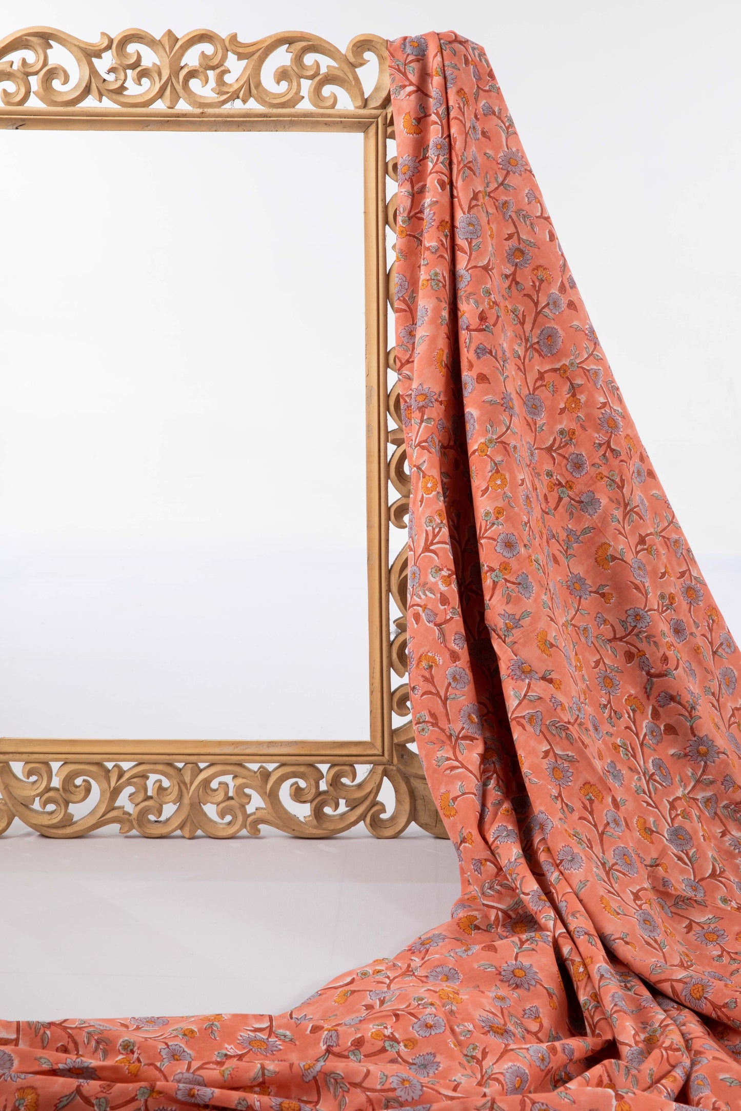 Siyahi - Peach Floral Sanganeri Cotton Fabric