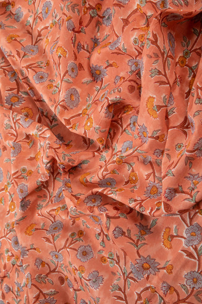 Siyahi - Peach Floral Sanganeri Cotton Fabric-Rutambhara-RUTAMBHARA