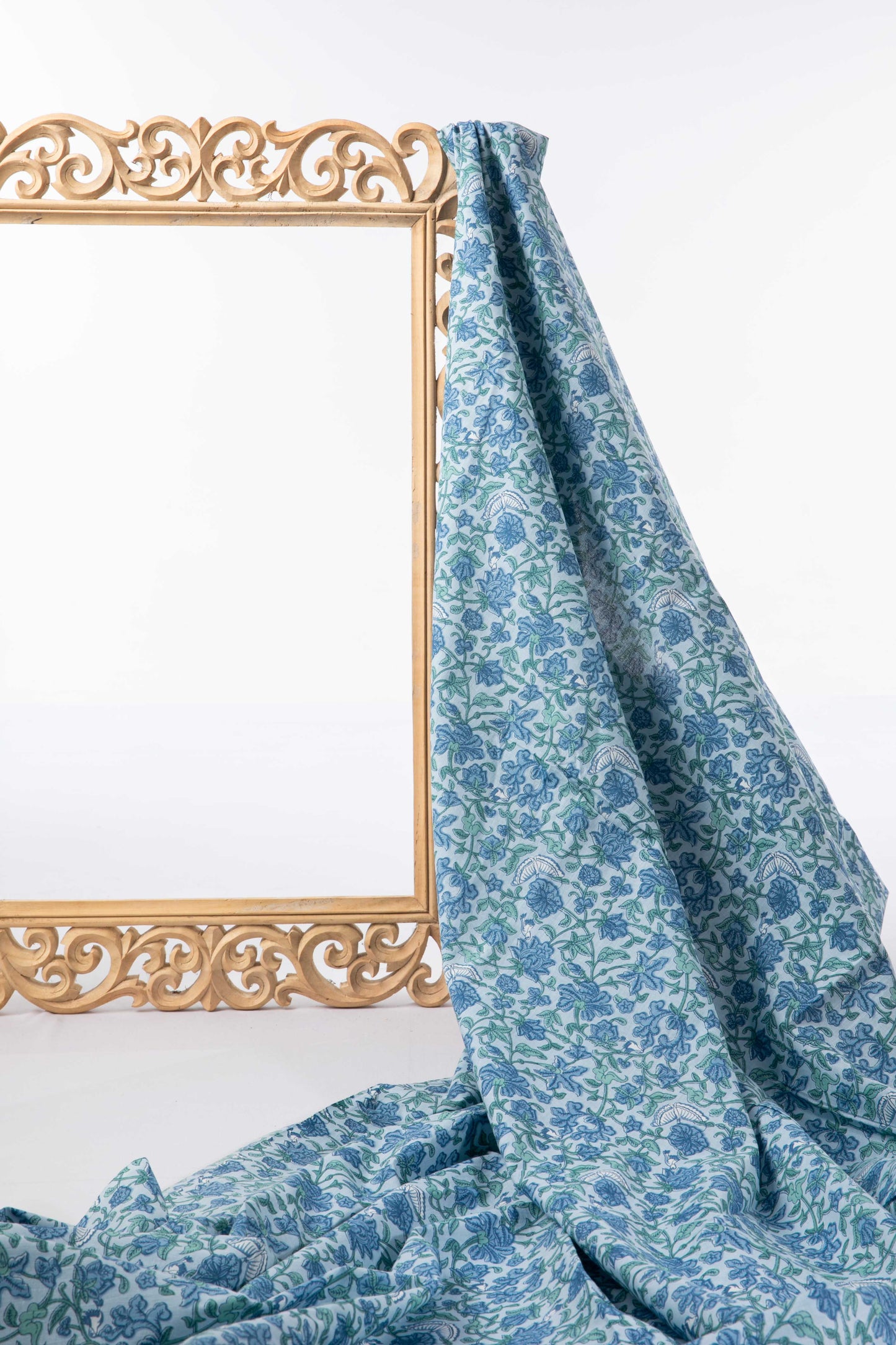 Siyahi - Sky Blue And Green Floral Sanganeri Cotton Fabric