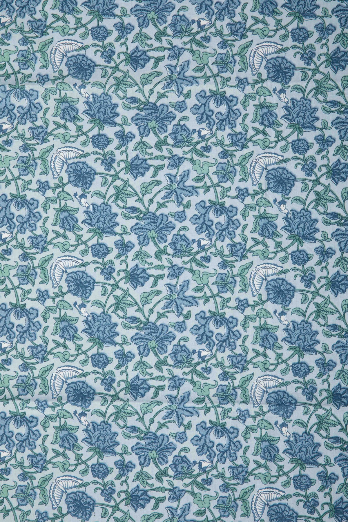 Siyahi - Sky Blue And Green Floral Sanganeri Cotton Fabric