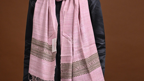 Handwoven pastel pink and brown natural-dyed eri silk stole