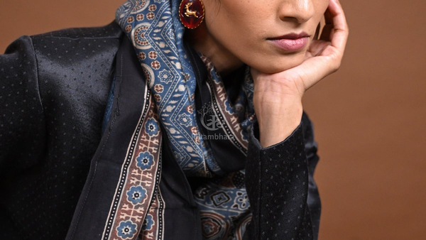 Blue hand block printed Ajrakh Chanderi stole