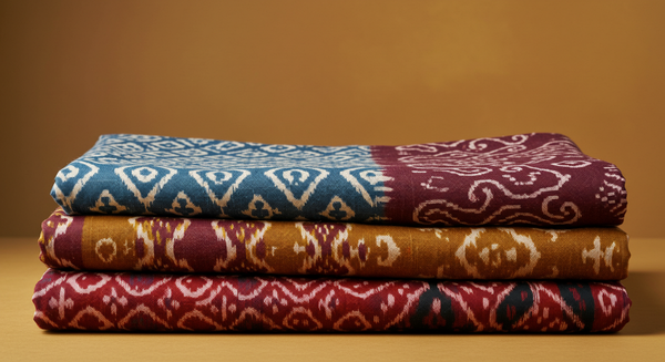 Handwoven ikat textiles in indigo, maroon and mustard showing the soft feathered edges characteristic of resist-dyed yarn